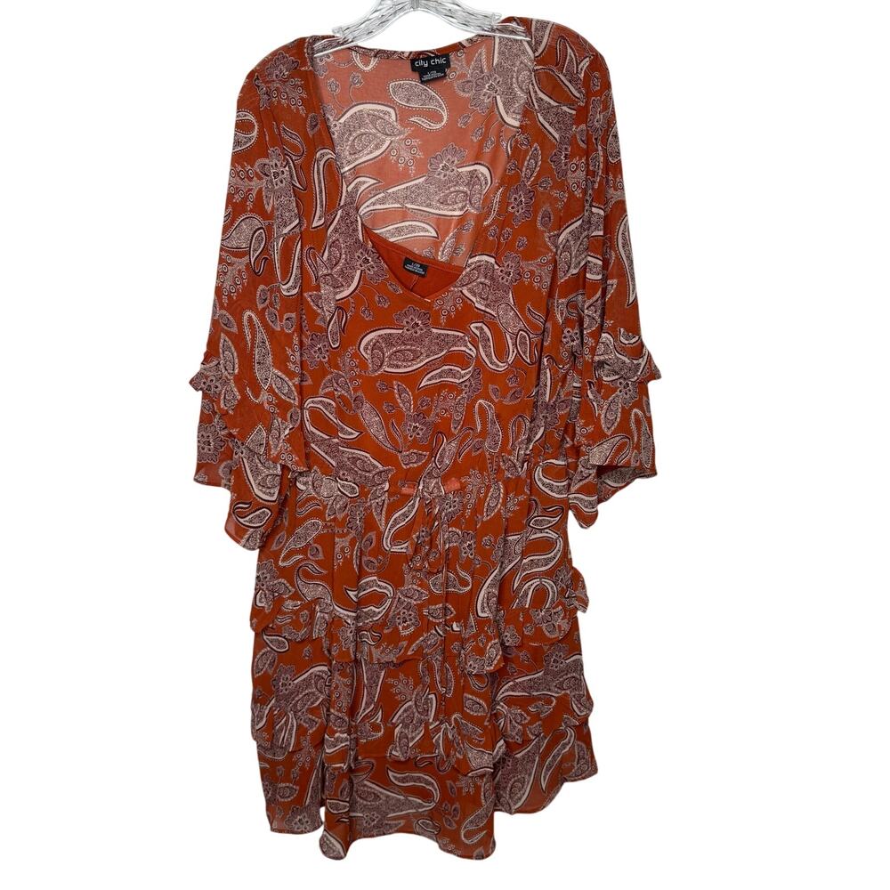 City Chic Plus Size Paisley Ruffle Boho  Dress Rust Orange 20 V-Neck Long Sleeve